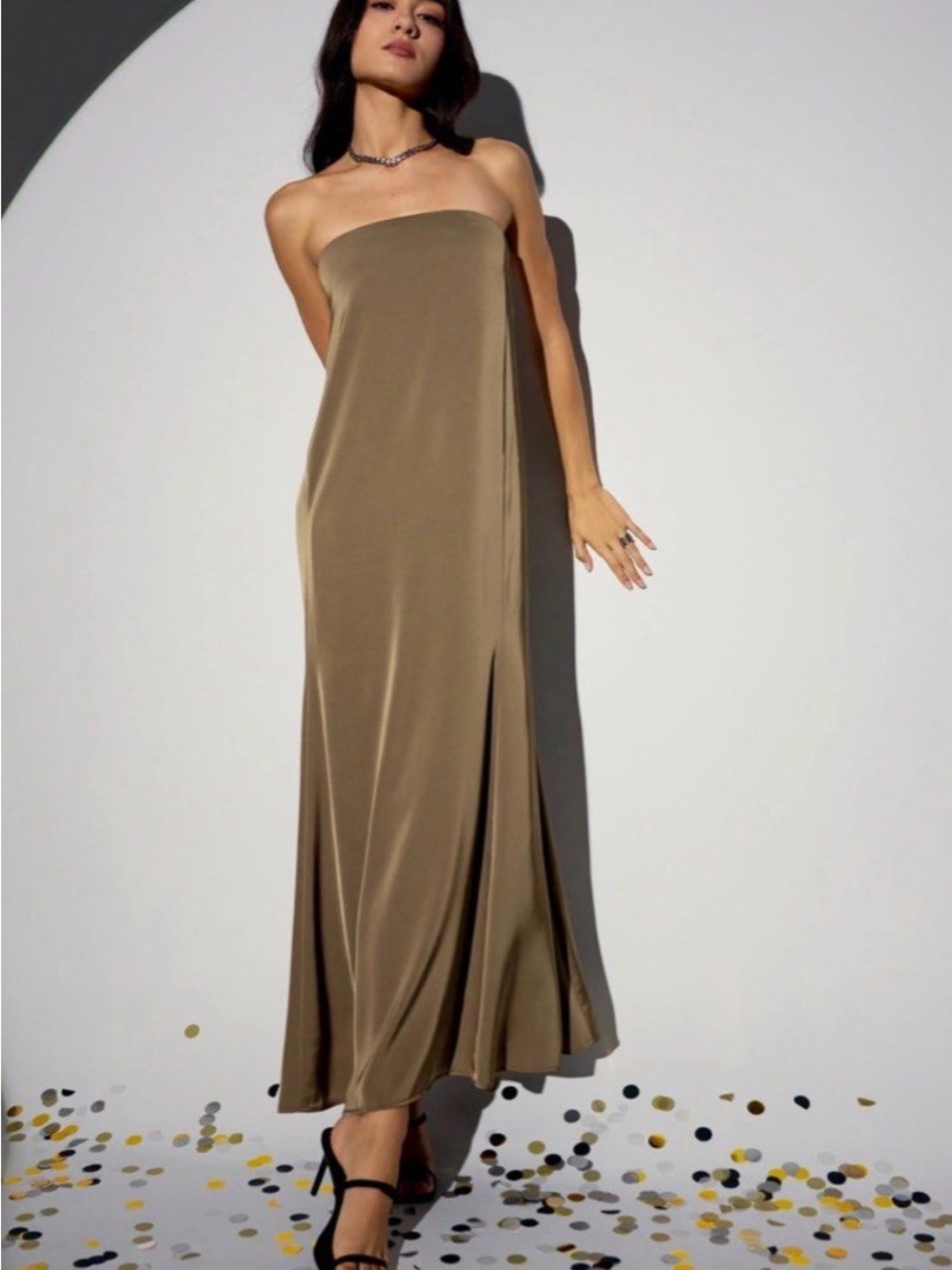 Love Bonito Strapless Olive Satin Evening Padded Sheath Women's Formal Dress